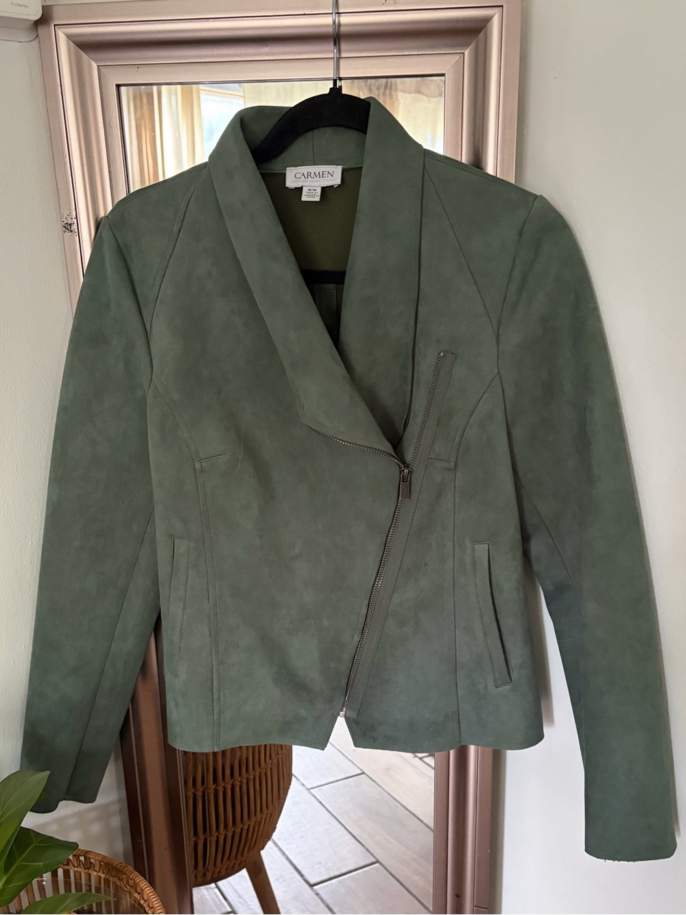 Carmen Marc Valvo Green Faux Leather Moto Jacket Asymmetrical Zip M